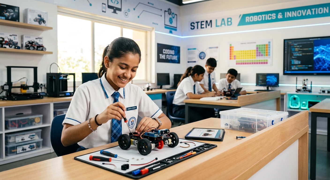 Student building robot in STEM lab
